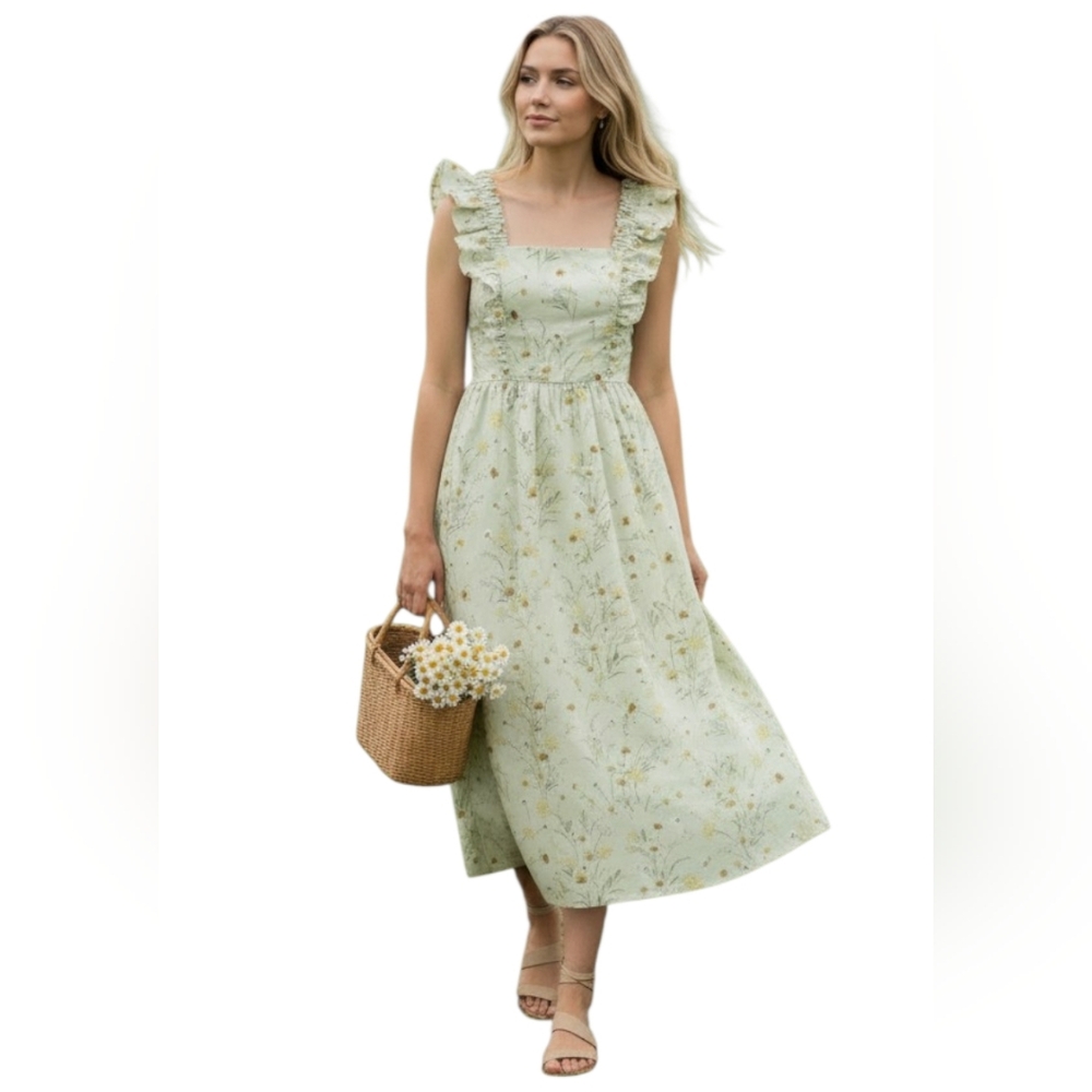 H&M Meadow Wildflowers Cottagecore Floral Dress Blogger Favorite Light Green S - Picture 1 of 16